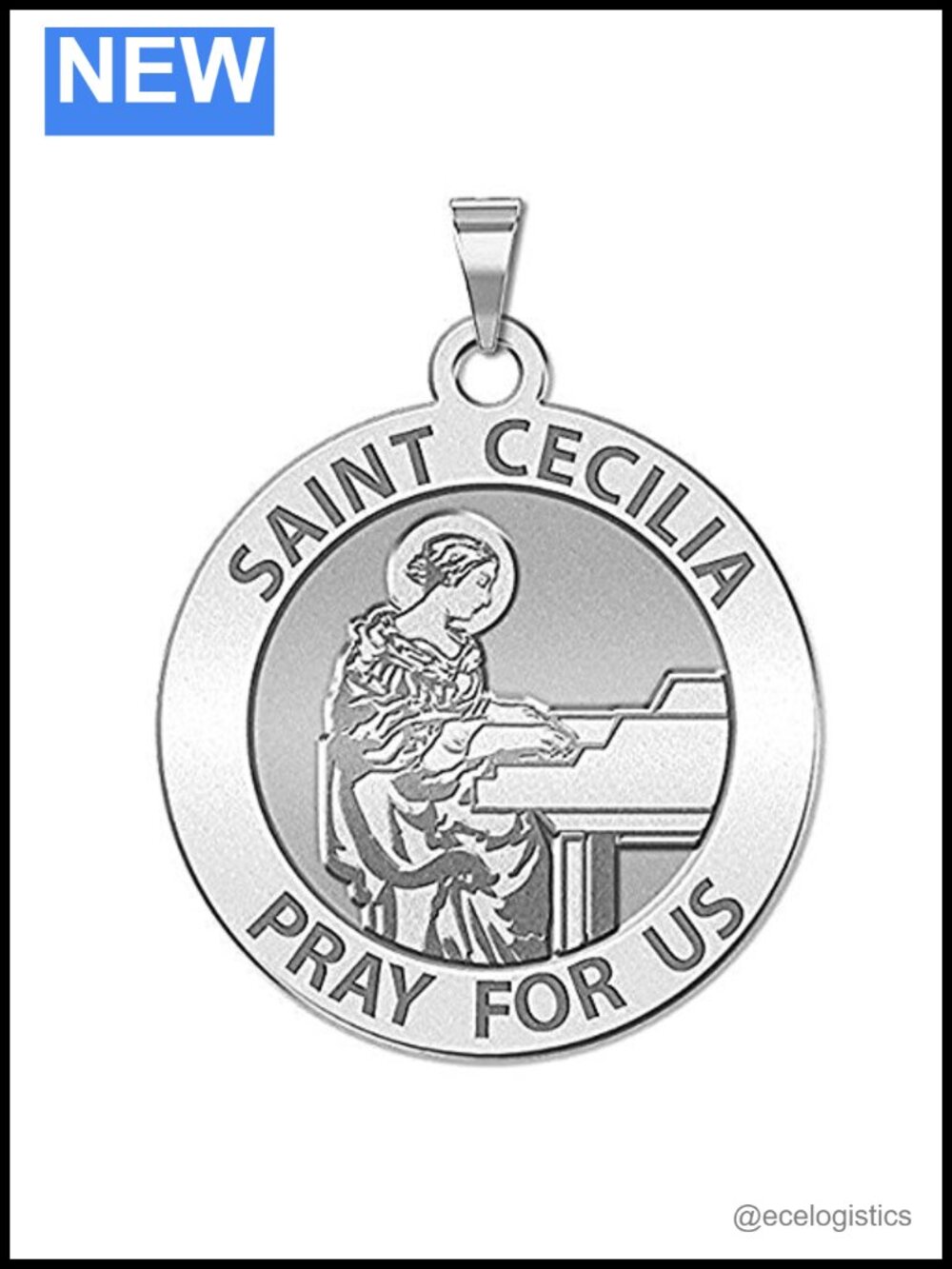 Saint Cecilia Religious Medal Solid Silver Grand Piano Pendant 17mm Made in USA